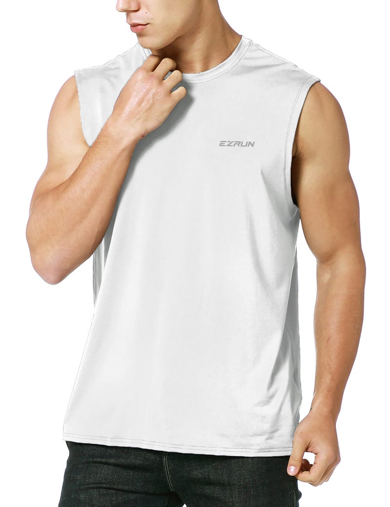 EZRUN Men's Sleeveless Shirt Quick Dry Workout Swim Shirt Gym Muscle Athletic Beach Tank Top(White,L) - Image 1
